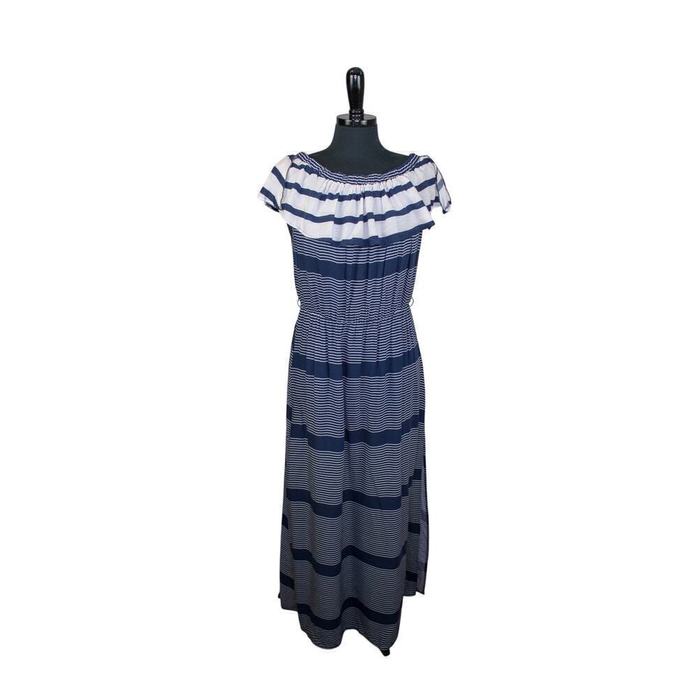 Ocean Drive Striped Maxi Dress Ruffle Neckline Nautical Beach Vacation
